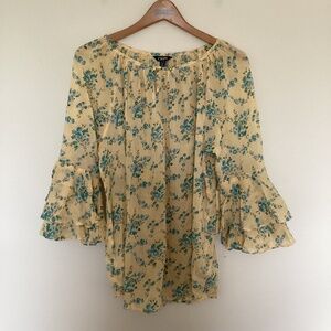 Chaps XL Blouse Top Shirt Bell Ruffle Sleeve Yellow Floral Crinkle Lightweight